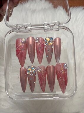 Shimmer Pink Stiletto Press-On Nails with Rhinestones